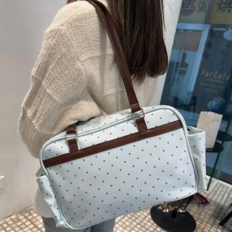 Sweet Cute Bow Tote Bag Women Double Layer Large Capacity Pin Doll Display Ita Bag Ladies Green Polka Dot Harajuku Shoulder Bags