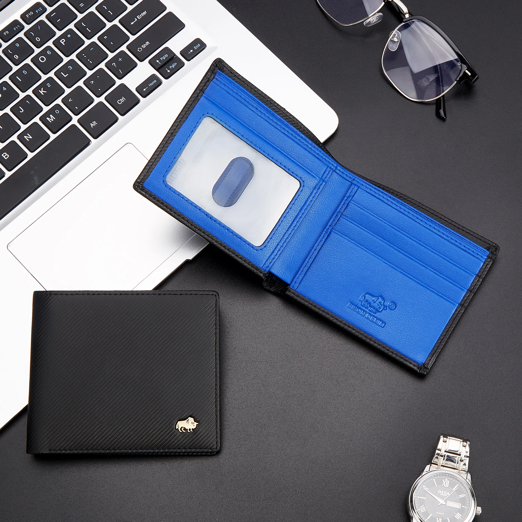 BISON DENIM High Quality Carbon Fiber Men Wallet RFID Blocking Card Holder Short Wallet Best Gift Boyfriend Husband Father Purse