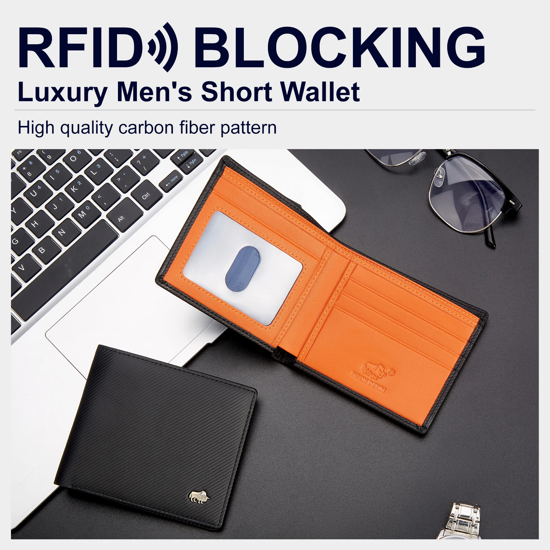 BISON DENIM High Quality Carbon Fiber Men Wallet RFID Blocking Card Holder Short Wallet Best Gift Boyfriend Husband Father Purse