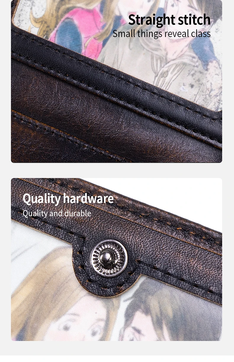 Trifold Wallets for Men RFID Blocking Full Grain Leather Short Mens Wallet with Snap Closure, 8 Card Slots, Clear ID Window