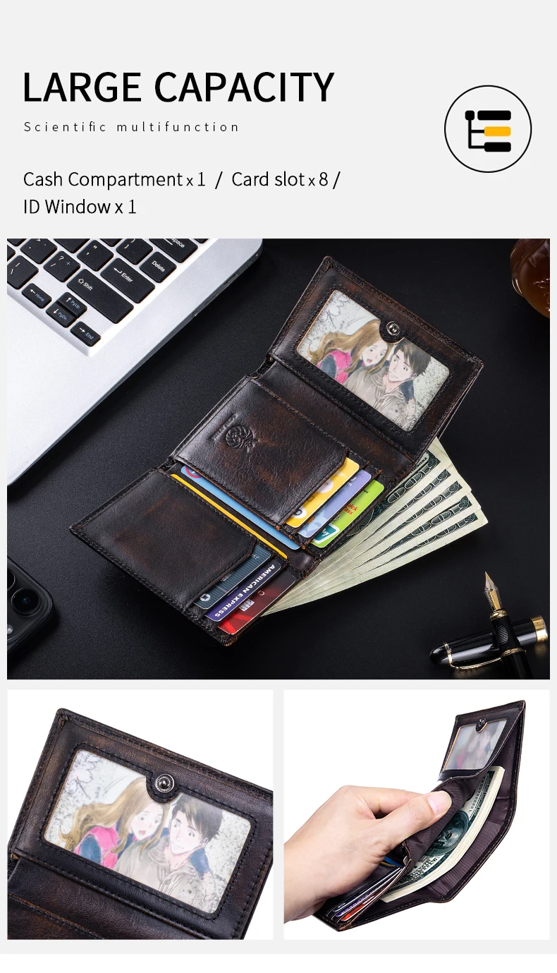 Trifold Wallets for Men RFID Blocking Full Grain Leather Short Mens Wallet with Snap Closure, 8 Card Slots, Clear ID Window
