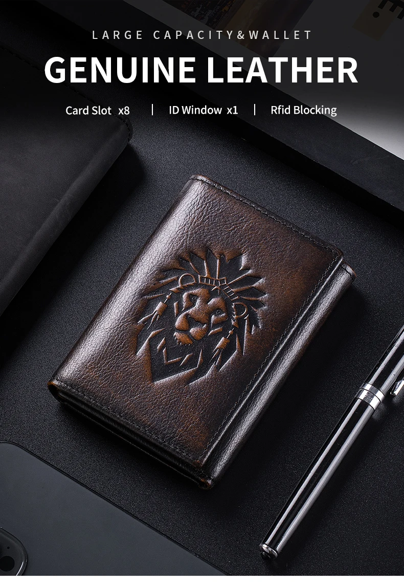 Trifold Wallets for Men RFID Blocking Full Grain Leather Short Mens Wallet with Snap Closure, 8 Card Slots, Clear ID Window