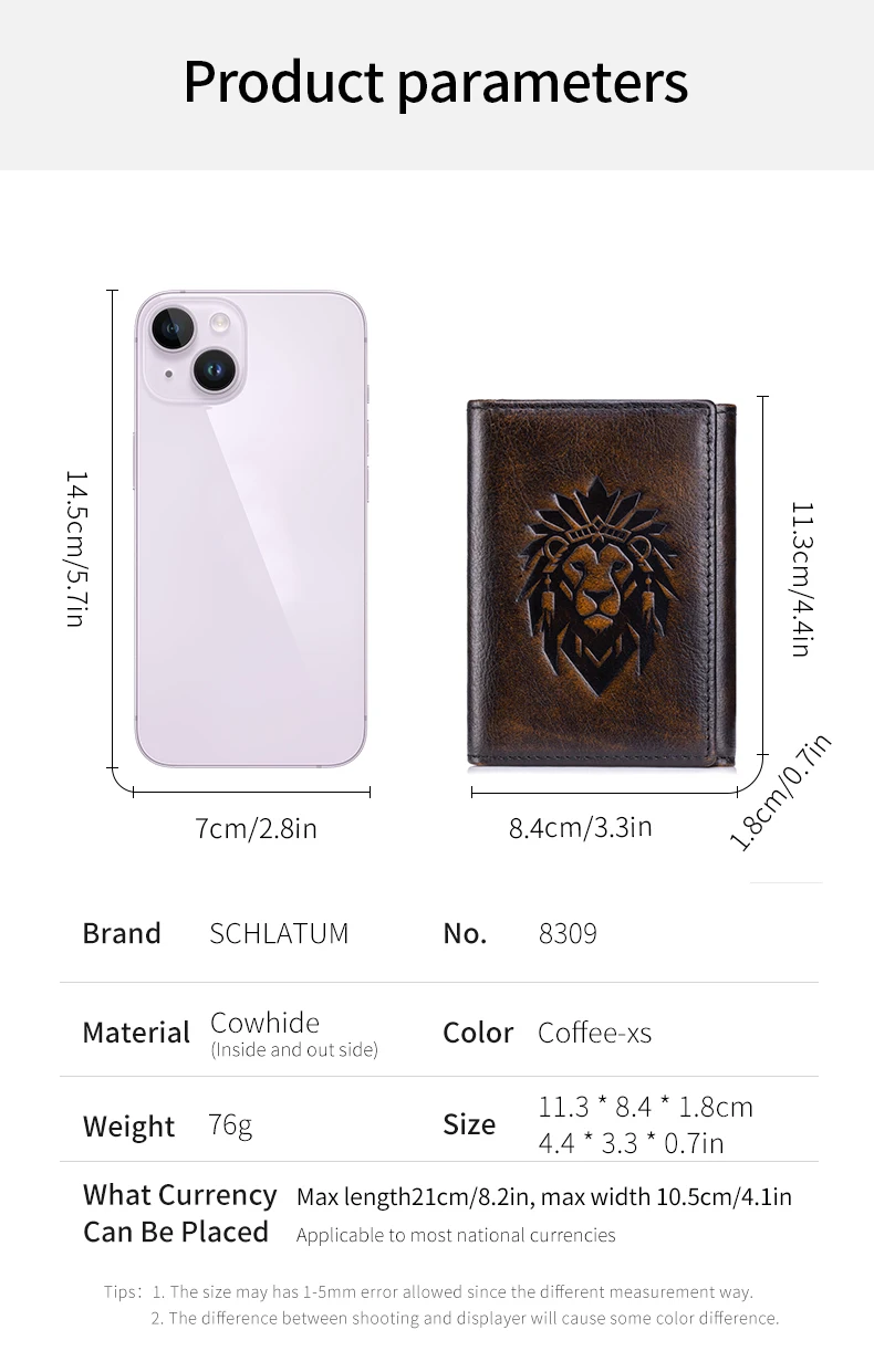 Trifold Wallets for Men RFID Blocking Full Grain Leather Short Mens Wallet with Snap Closure, 8 Card Slots, Clear ID Window