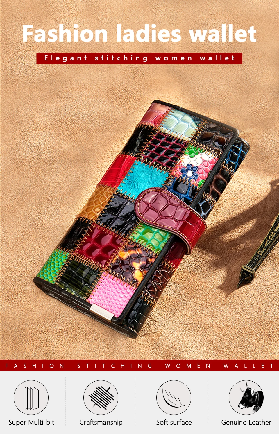 Westal Clutch Bag Women Leather Patchwork Squares Random Color Wallets Vintage Coin Wallet Female Purses Cards Wallets For Women