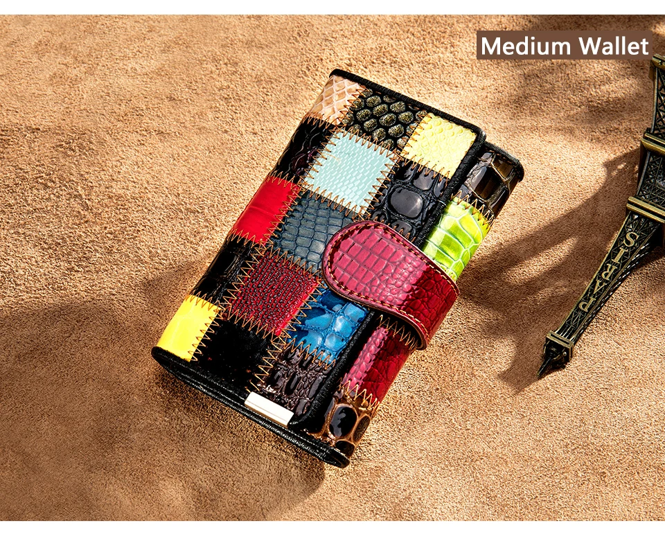 Westal Clutch Bag Women Leather Patchwork Squares Random Color Wallets Vintage Coin Wallet Female Purses Cards Wallets For Women