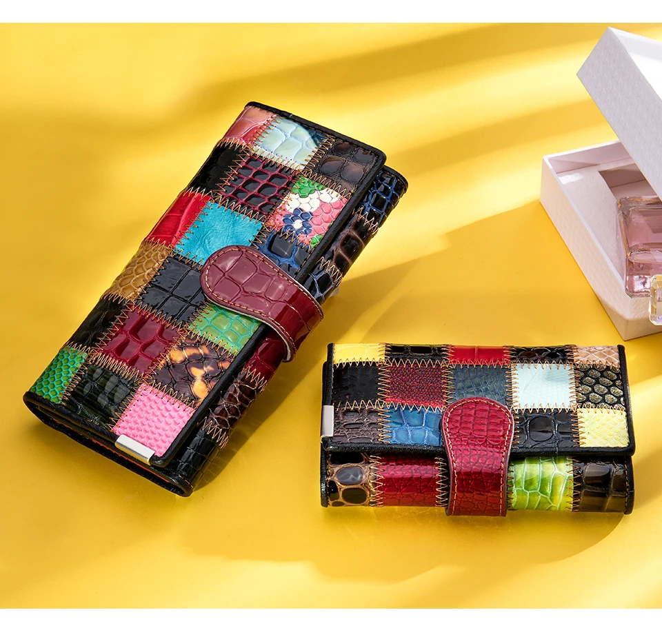 Westal Clutch Bag Women Leather Patchwork Squares Random Color Wallets Vintage Coin Wallet Female Purses Cards Wallets For Women