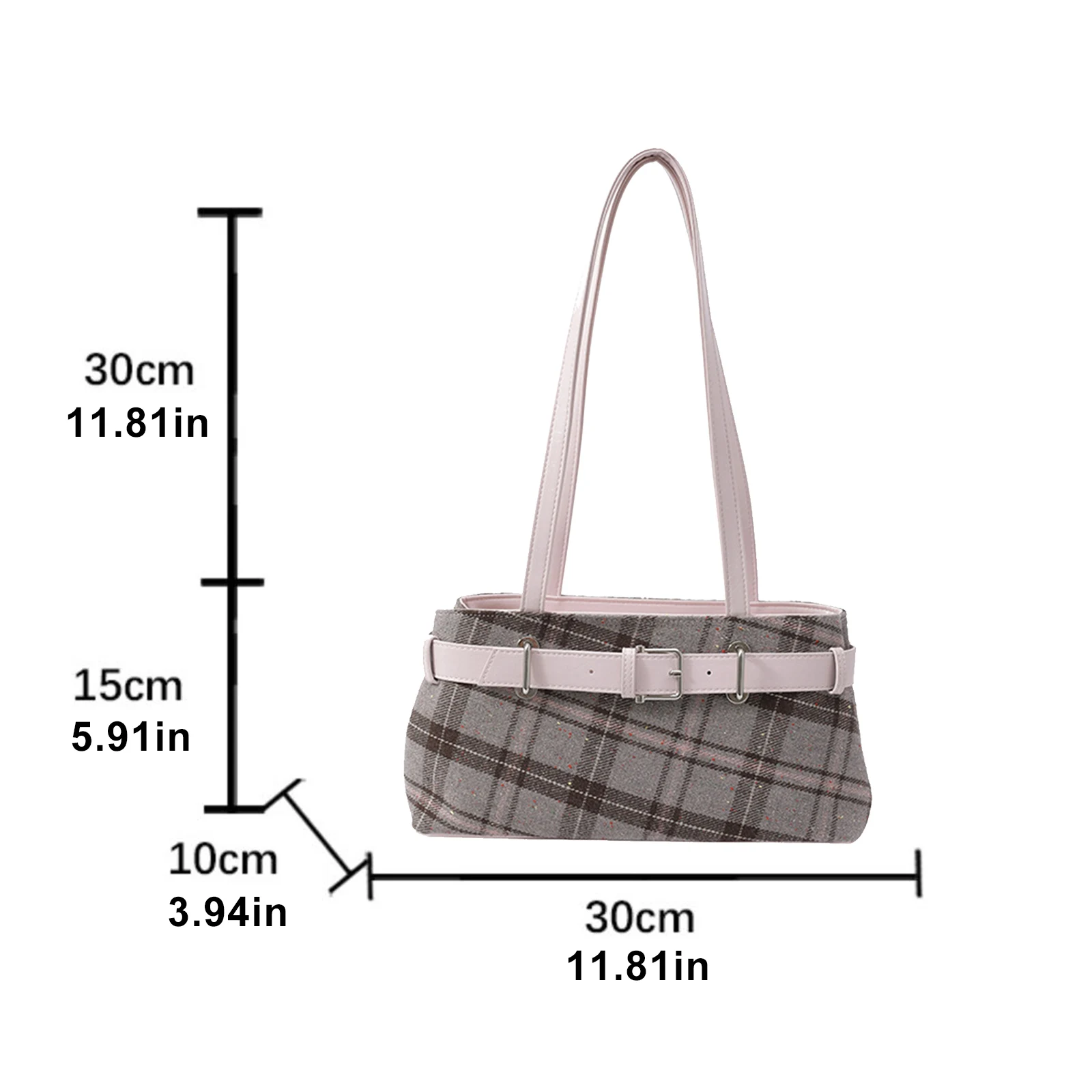 Women Fashion PU Leather Checkered Shoulder HandBag With Zipper Canvas Plaid Underarm Bag One Shoulder Armpit Bag W/Bell Pendant