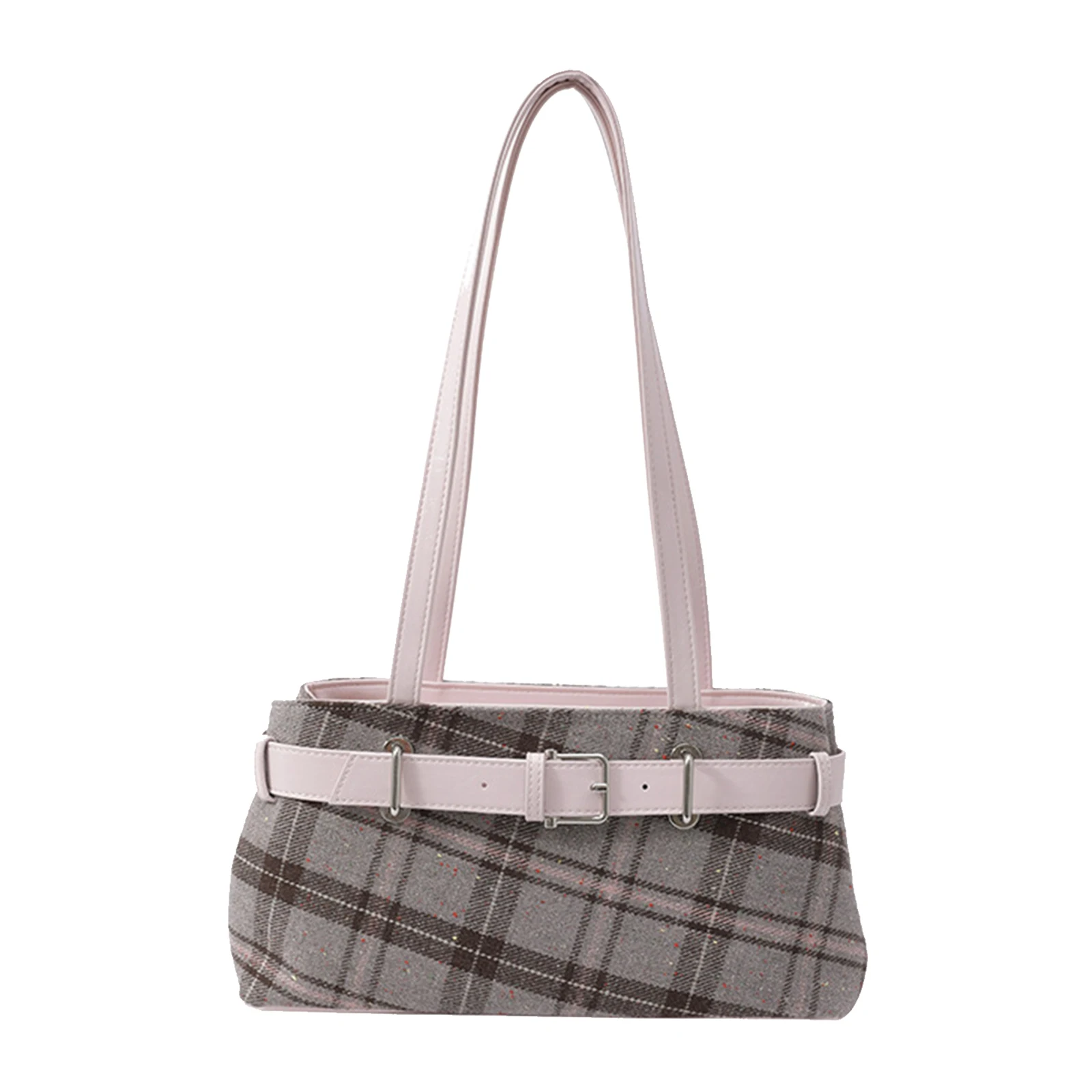 Women Fashion PU Leather Checkered Shoulder HandBag With Zipper Canvas Plaid Underarm Bag One Shoulder Armpit Bag W/Bell Pendant