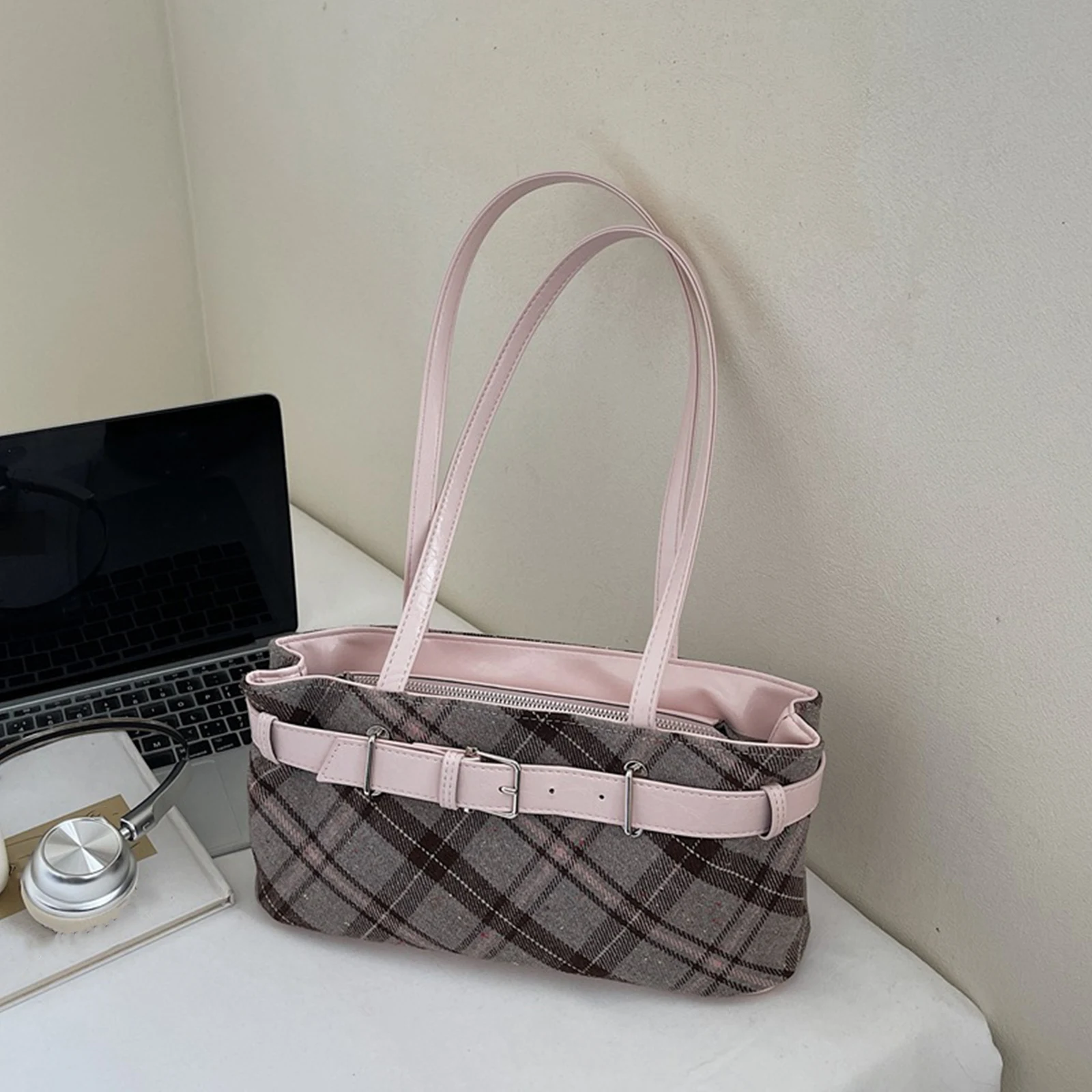 Women Fashion PU Leather Checkered Shoulder HandBag With Zipper Canvas Plaid Underarm Bag One Shoulder Armpit Bag W/Bell Pendant