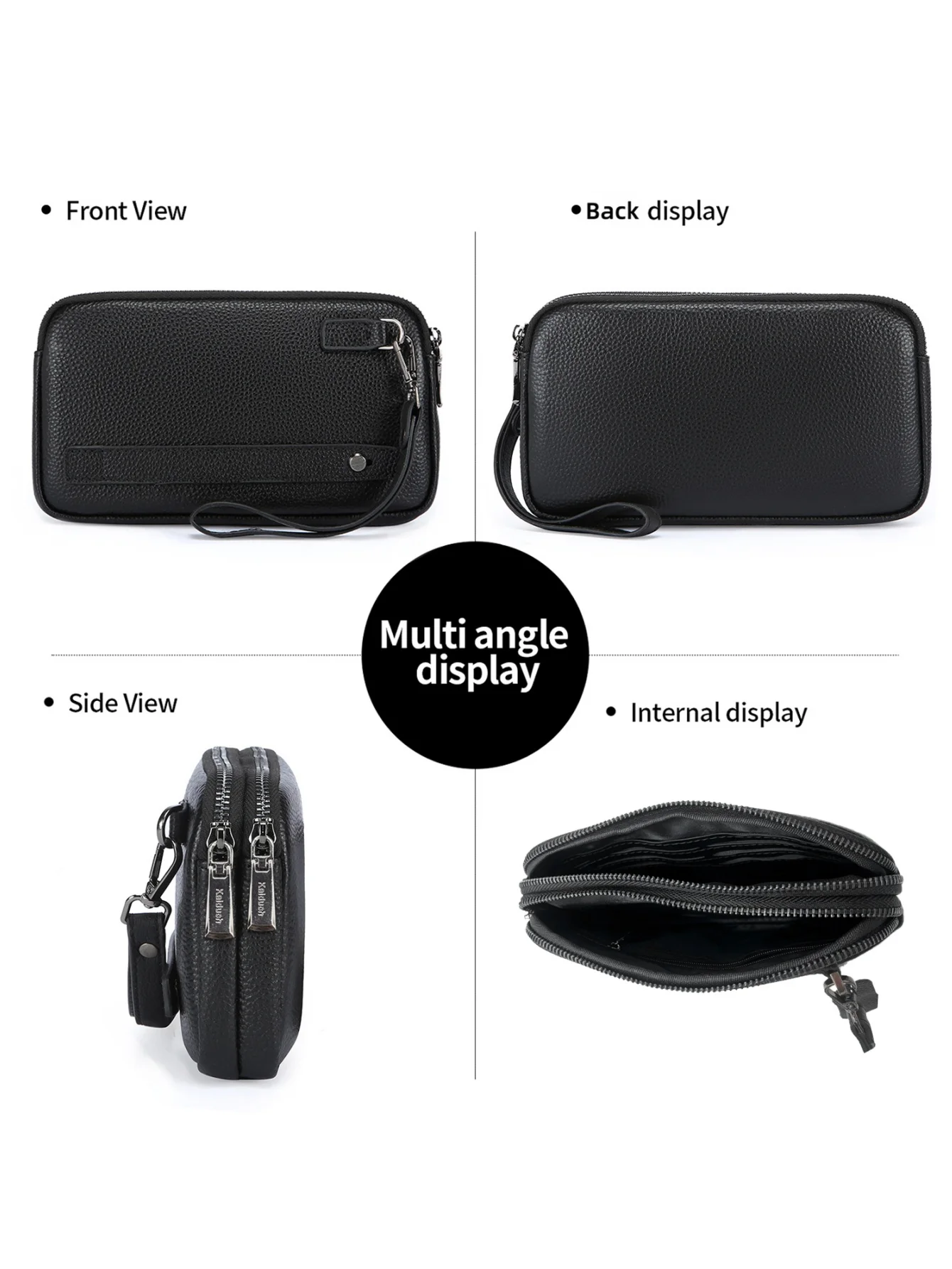Men Genuine Leather Wrist Clutch Wallet, Double Zipper Large Capacity Hand Purse with 6 Card Slots, Portable Business Hand Pouch