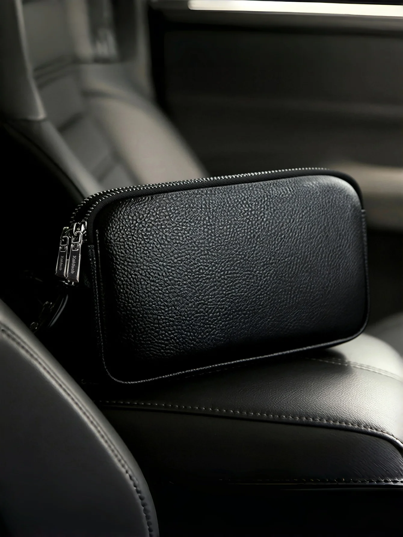 Men Genuine Leather Wrist Clutch Wallet, Double Zipper Large Capacity Hand Purse with 6 Card Slots, Portable Business Hand Pouch