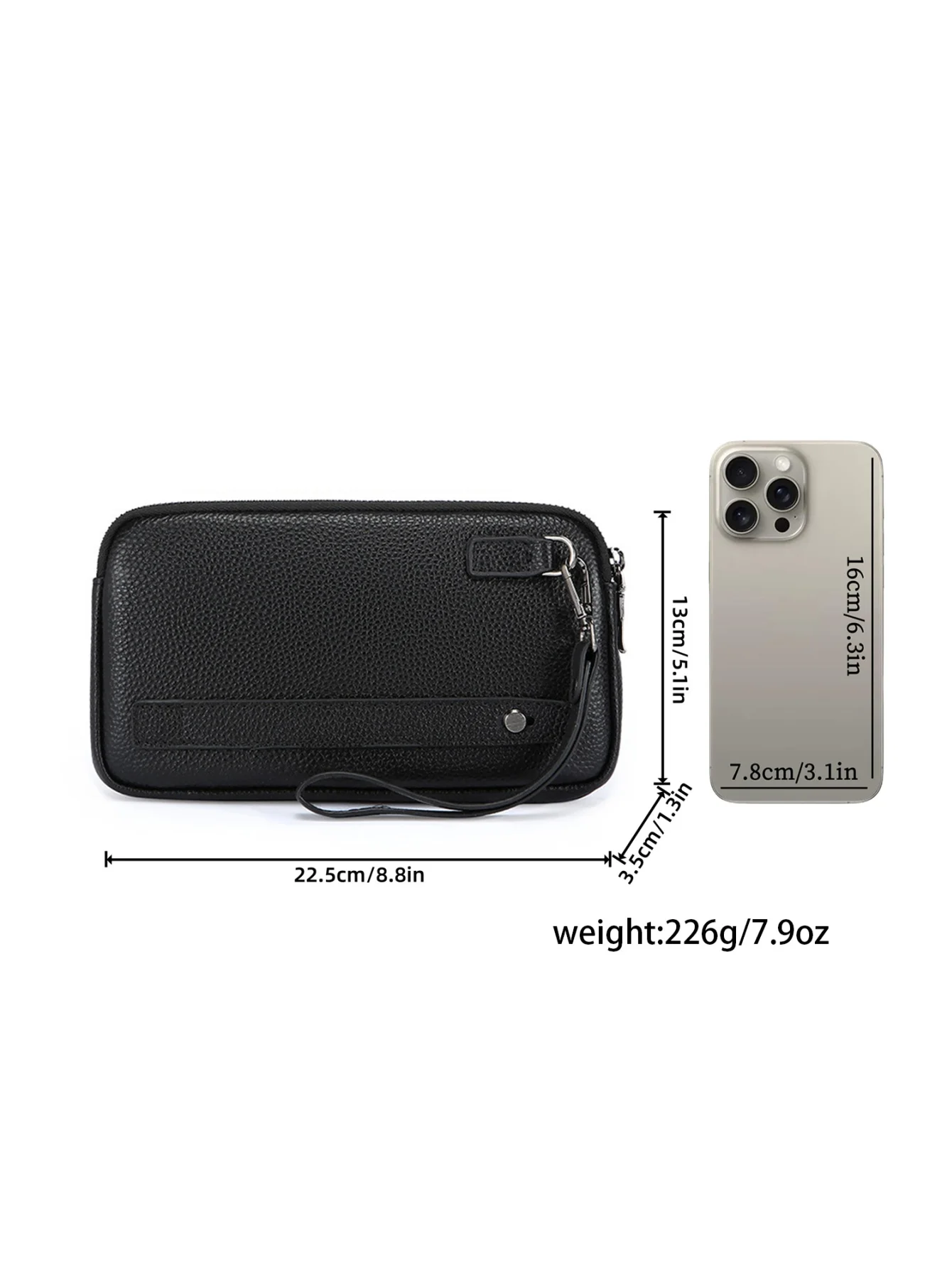 Men Genuine Leather Wrist Clutch Wallet, Double Zipper Large Capacity Hand Purse with 6 Card Slots, Portable Business Hand Pouch