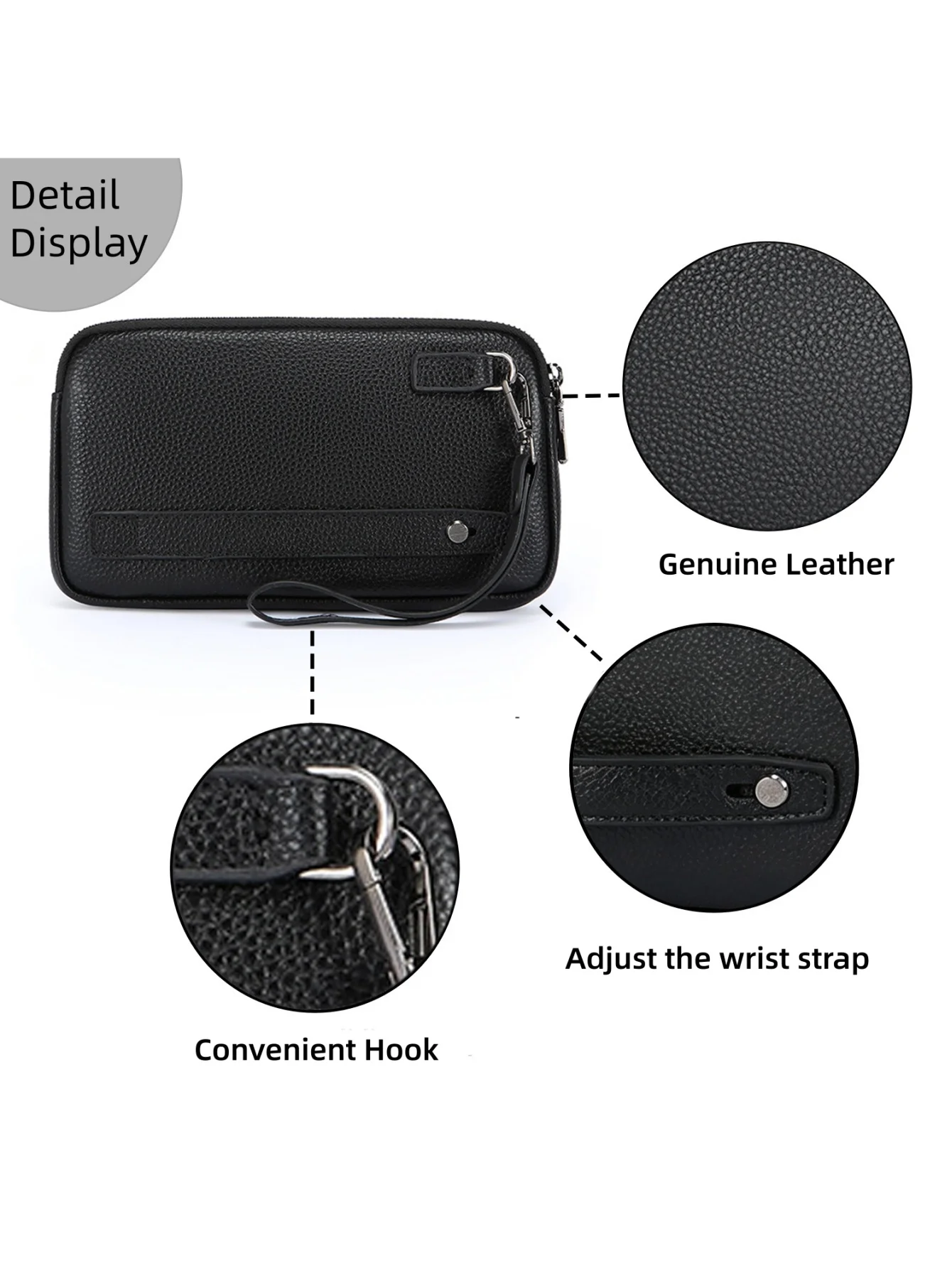 Men Genuine Leather Wrist Clutch Wallet, Double Zipper Large Capacity Hand Purse with 6 Card Slots, Portable Business Hand Pouch