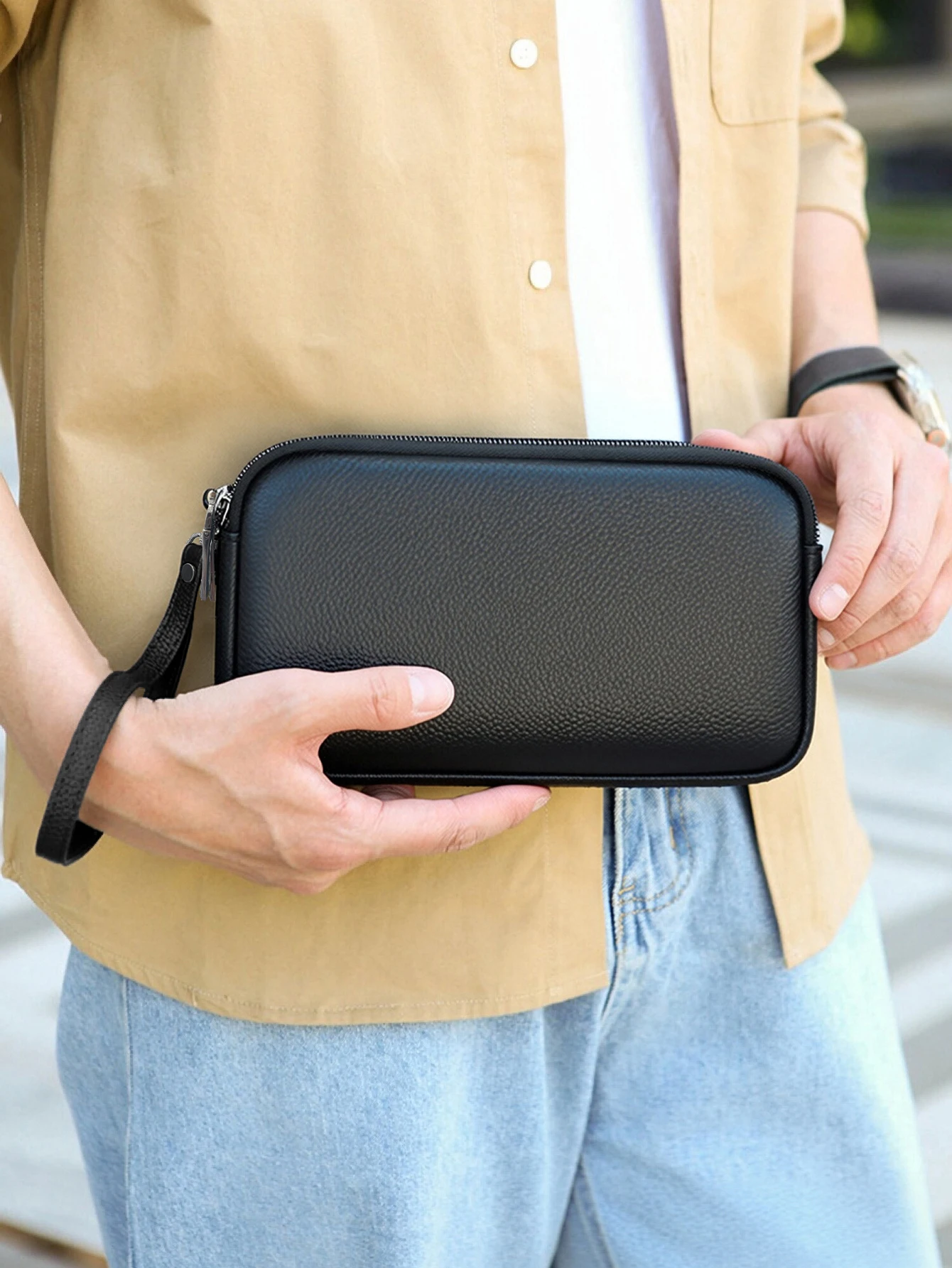 Men Genuine Leather Wrist Clutch Wallet, Double Zipper Large Capacity Hand Purse with 6 Card Slots, Portable Business Hand Pouch