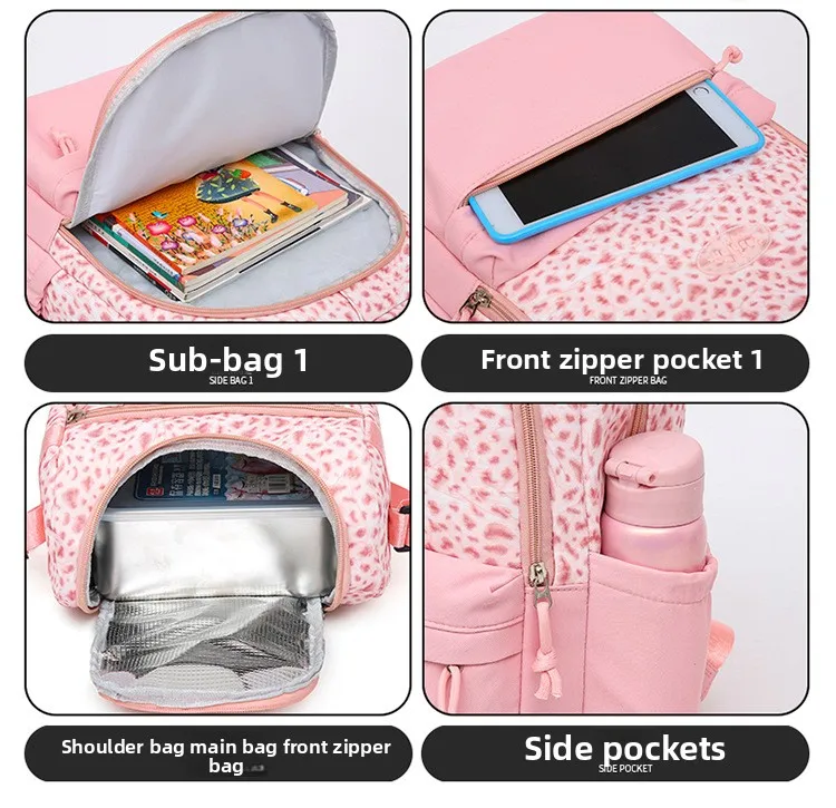 Backpack, Leopard Print, 3 in 1 Set, Lightweight Large Capacity, Junior High School Bag, Pencil Case, Lunch Bag