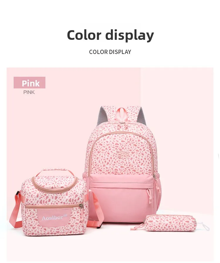 Backpack, Leopard Print, 3 in 1 Set, Lightweight Large Capacity, Junior High School Bag, Pencil Case, Lunch Bag