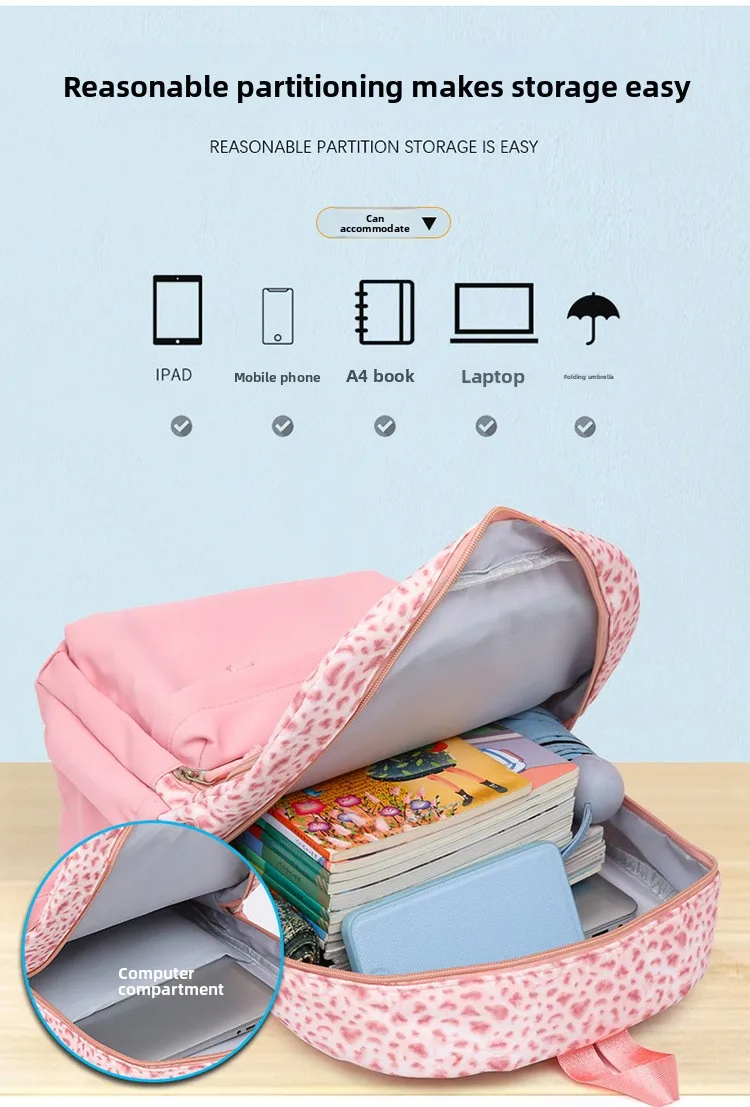 Backpack, Leopard Print, 3 in 1 Set, Lightweight Large Capacity, Junior High School Bag, Pencil Case, Lunch Bag