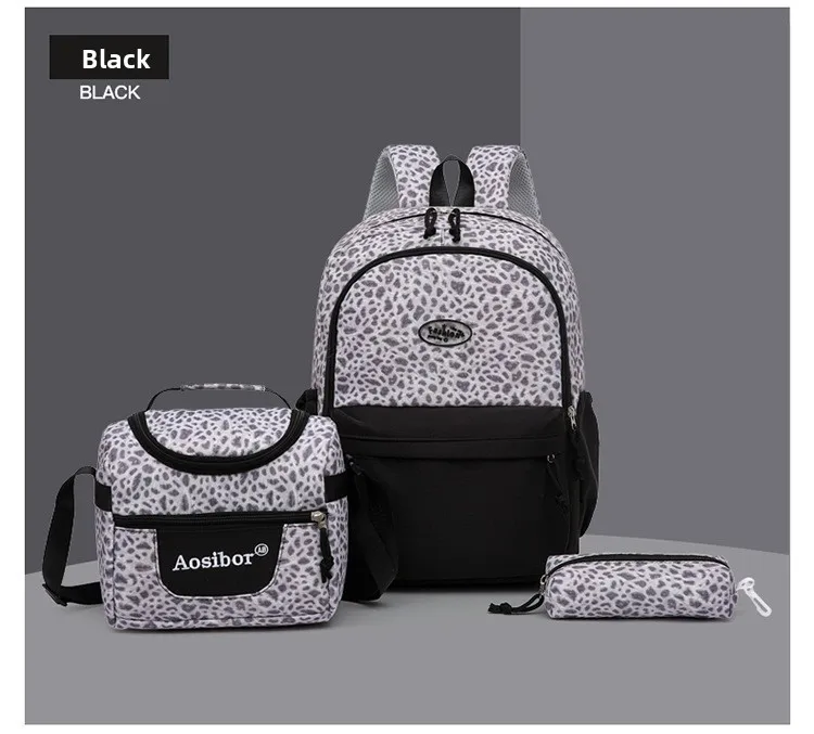 Backpack, Leopard Print, 3 in 1 Set, Lightweight Large Capacity, Junior High School Bag, Pencil Case, Lunch Bag