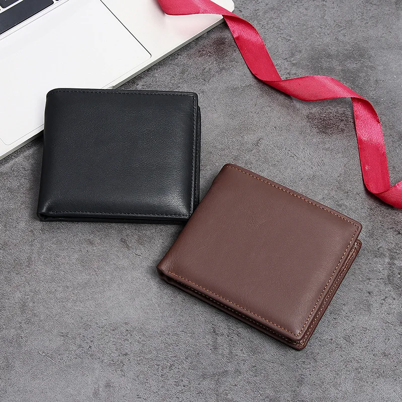 Men's Top Layer Cowhide Wallet Multi Card Slot Short Genuine Leather Purse with Coin Pocket