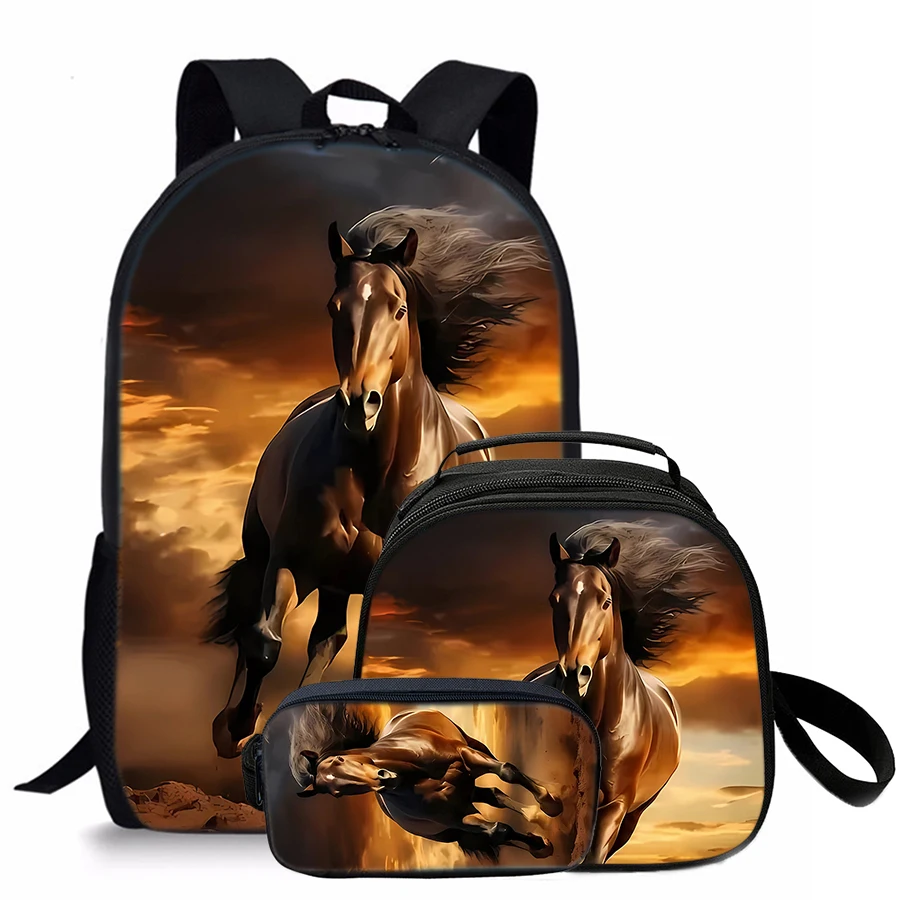 3 Pcs Set Horse Round Lunch Bags Pencil Bags School Bags For Boy/Girls Best Gifts 2D Flat Cartoon Backpack For Children