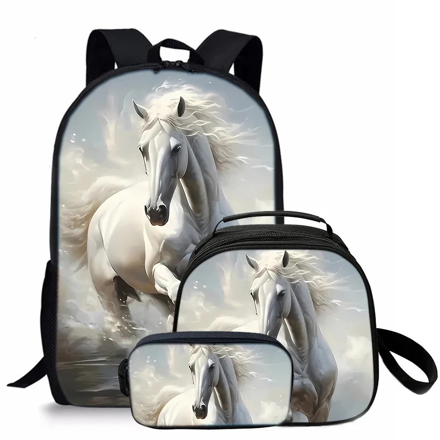 3 Pcs Set Horse Round Lunch Bags Pencil Bags School Bags For Boy/Girls Best Gifts 2D Flat Cartoon Backpack For Children