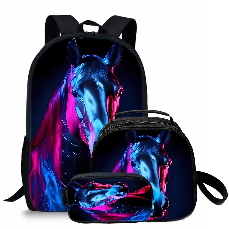 3 Pcs Set Horse Round Lunch Bags Pencil Bags School Bags For Boy/Girls Best Gifts 2D Flat Cartoon Backpack For Children