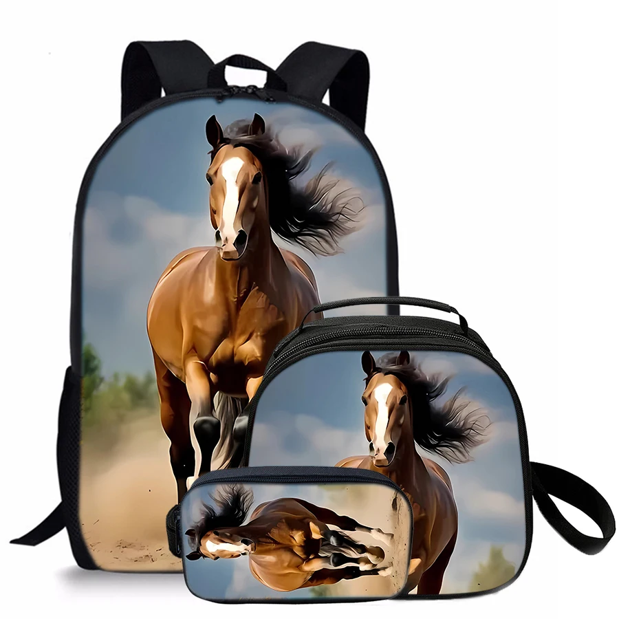 3 Pcs Set Horse Round Lunch Bags Pencil Bags School Bags For Boy/Girls Best Gifts 2D Flat Cartoon Backpack For Children