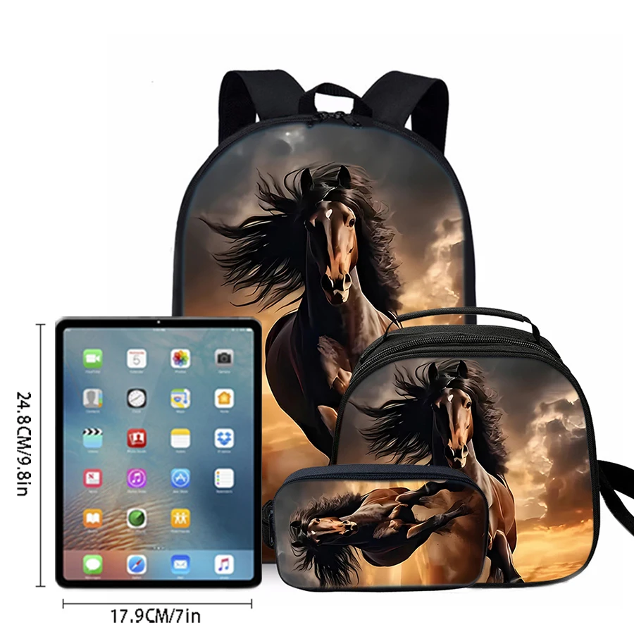 3 Pcs Set Horse Round Lunch Bags Pencil Bags School Bags For Boy/Girls Best Gifts 2D Flat Cartoon Backpack For Children