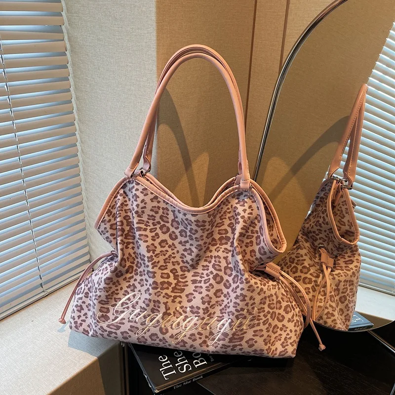 Women's Shoulder Bag Y2k Fashion Sweet Polka Dot Handbag Korean Casual Versatile Leopard Print Brown Frosted Tote Bags