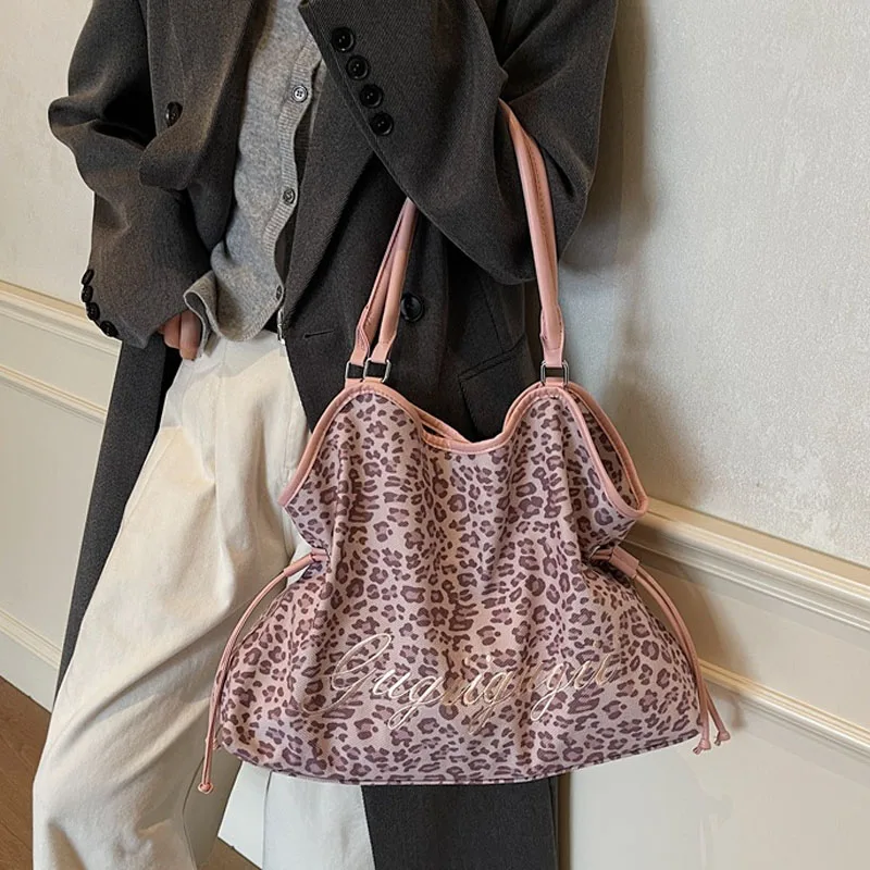 Women's Shoulder Bag Y2k Fashion Sweet Polka Dot Handbag Korean Casual Versatile Leopard Print Brown Frosted Tote Bags