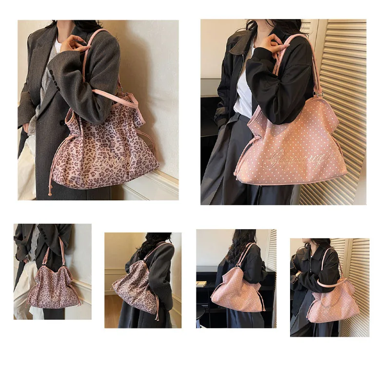 Women's Shoulder Bag Y2k Fashion Sweet Polka Dot Handbag Korean Casual Versatile Leopard Print Brown Frosted Tote Bags