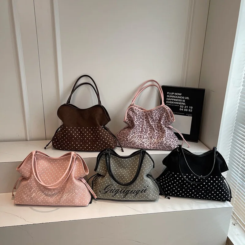 Women's Shoulder Bag Y2k Fashion Sweet Polka Dot Handbag Korean Casual Versatile Leopard Print Brown Frosted Tote Bags