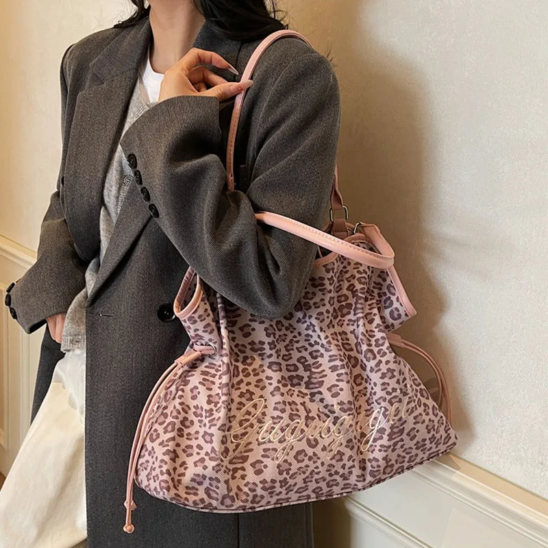 Women's Shoulder Bag Y2k Fashion Sweet Polka Dot Handbag Korean Casual Versatile Leopard Print Brown Frosted Tote Bags
