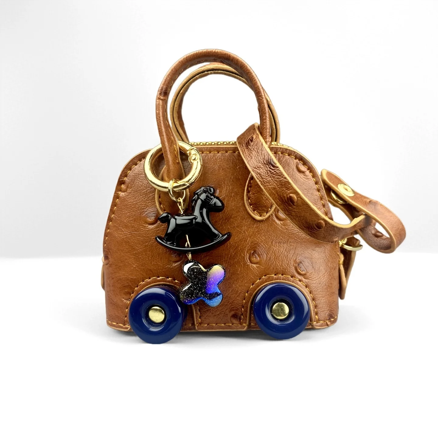 Mini Wheeled Handbag Purse, Rocking Horse Pendant, Ostrich Pattern PU Leather Pouch for AirPods Coin Cable, Mini Tote Keychain