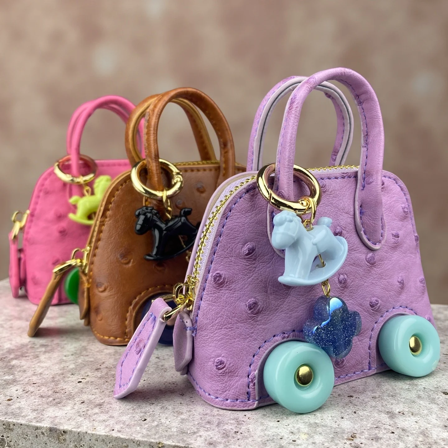 Mini Wheeled Handbag Purse, Rocking Horse Pendant, Ostrich Pattern PU Leather Pouch for AirPods Coin Cable, Mini Tote Keychain