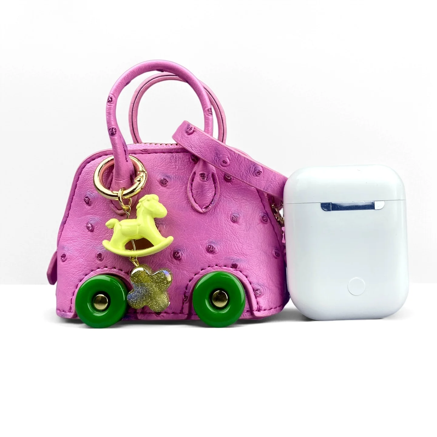 Mini Wheeled Handbag Purse, Rocking Horse Pendant, Ostrich Pattern PU Leather Pouch for AirPods Coin Cable, Mini Tote Keychain