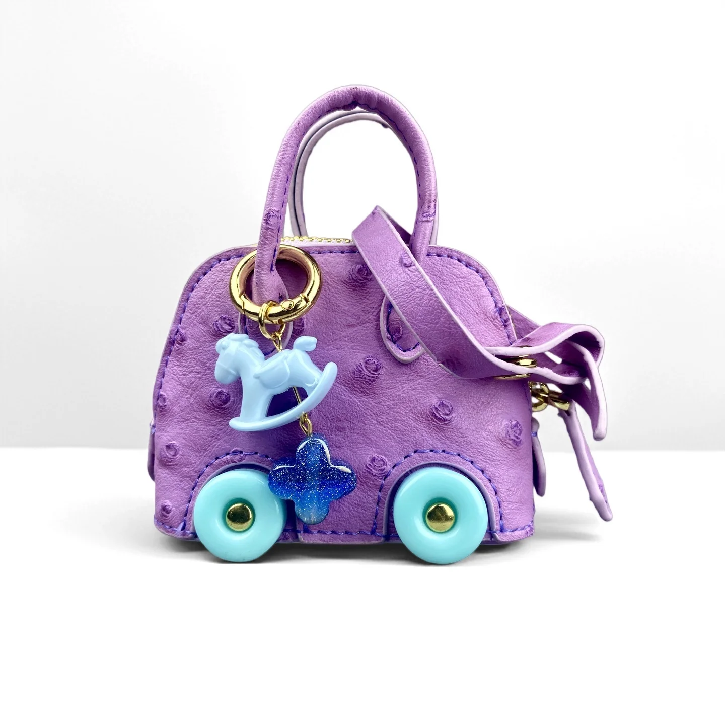 Mini Wheeled Handbag Purse, Rocking Horse Pendant, Ostrich Pattern PU Leather Pouch for AirPods Coin Cable, Mini Tote Keychain