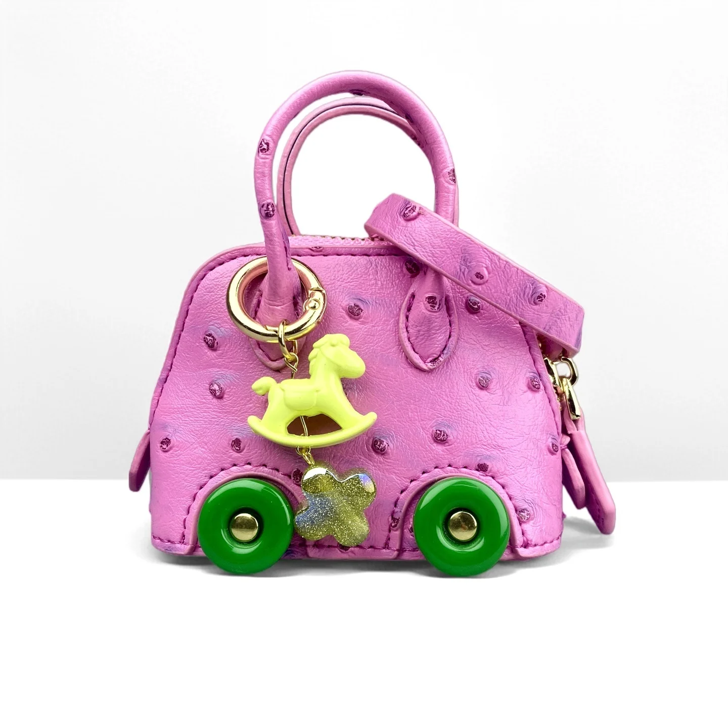Mini Wheeled Handbag Purse, Rocking Horse Pendant, Ostrich Pattern PU Leather Pouch for AirPods Coin Cable, Mini Tote Keychain
