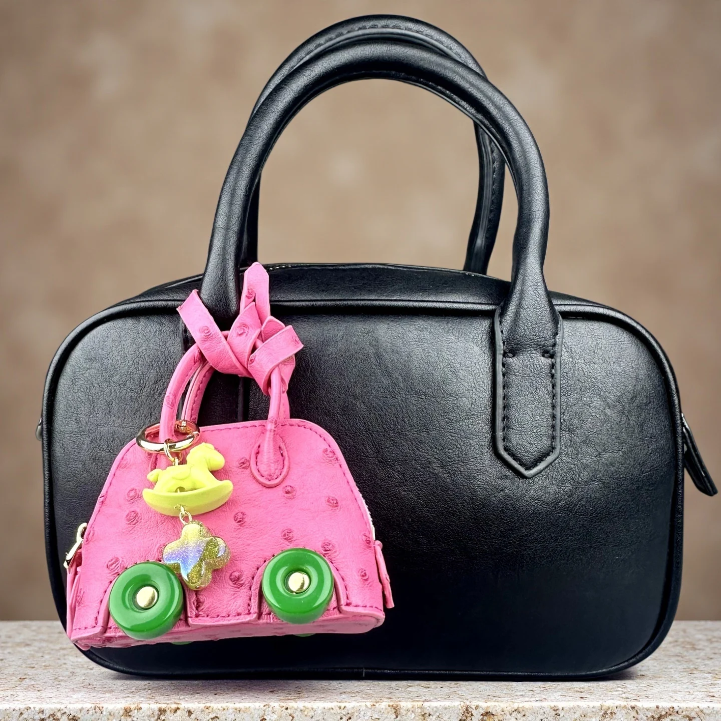 Mini Wheeled Handbag Purse, Rocking Horse Pendant, Ostrich Pattern PU Leather Pouch for AirPods Coin Cable, Mini Tote Keychain