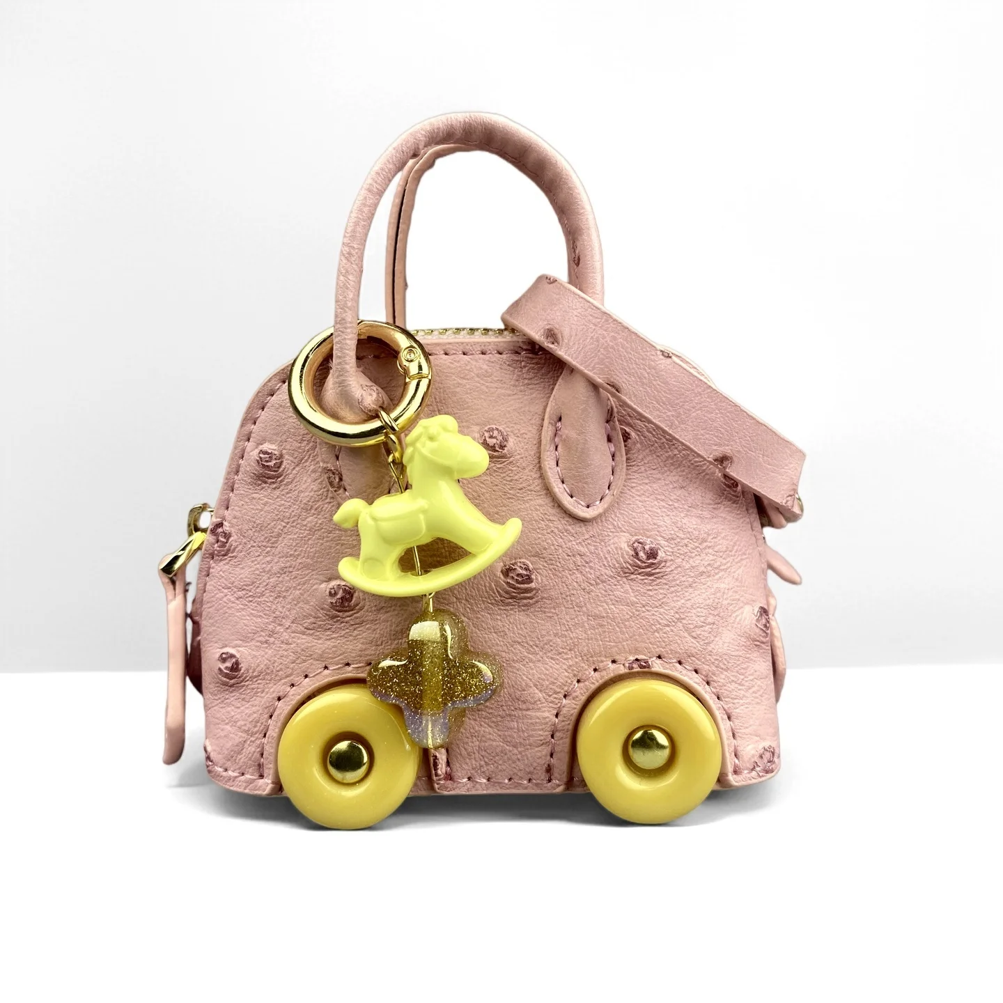 Mini Wheeled Handbag Purse, Rocking Horse Pendant, Ostrich Pattern PU Leather Pouch for AirPods Coin Cable, Mini Tote Keychain