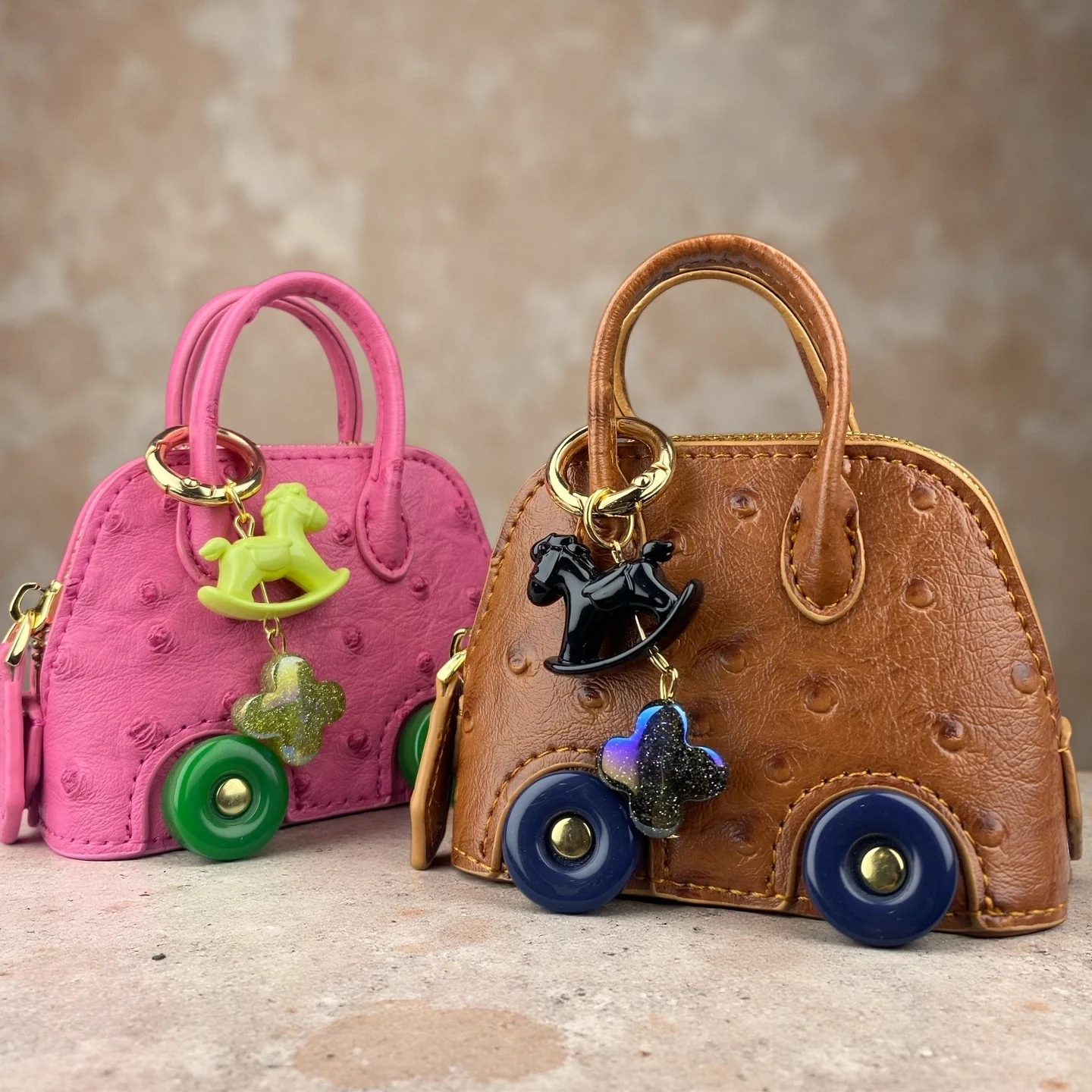 Mini Wheeled Handbag Purse, Rocking Horse Pendant, Ostrich Pattern PU Leather Pouch for AirPods Coin Cable, Mini Tote Keychain
