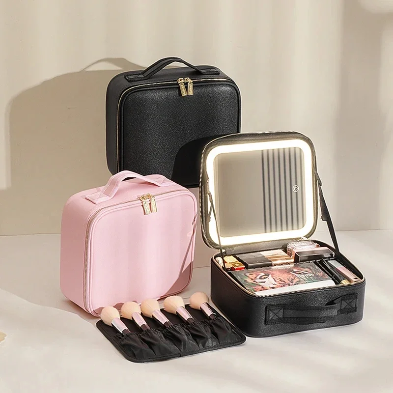 3 Color Train Case Mirror, White Portable Makeup Case Waterproof Organizer with Adjustable Dividers, Cosmetics Storage Case Gift