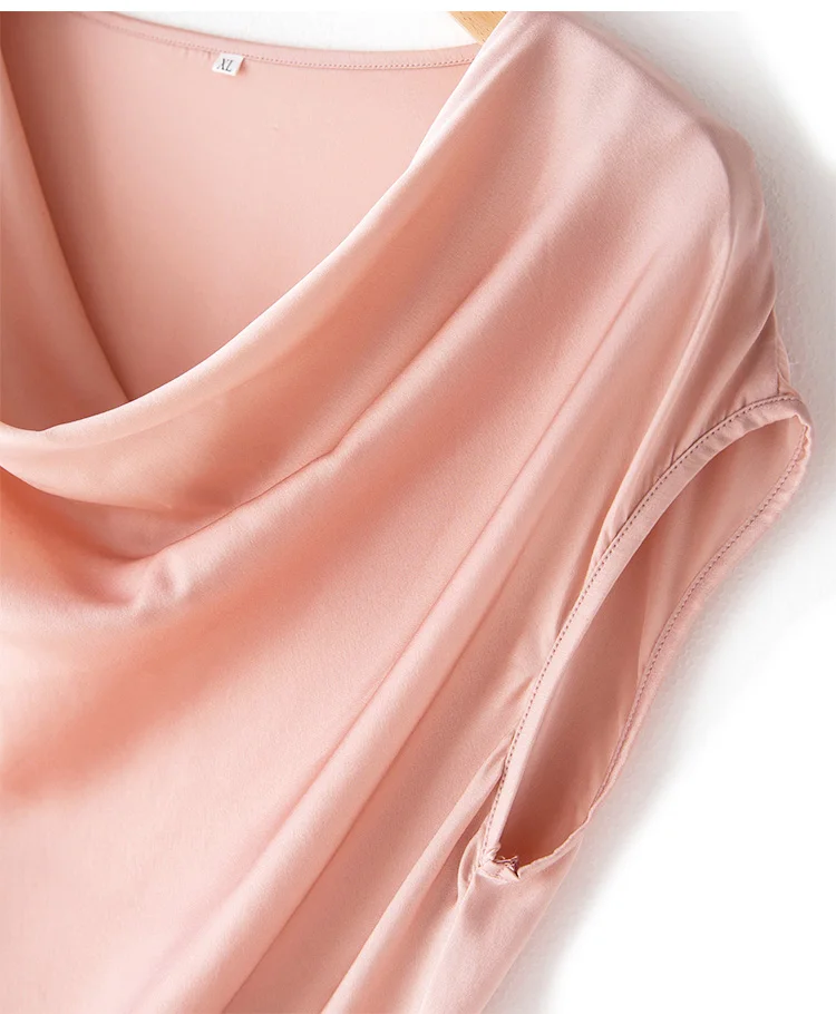 SuyaDream Women Silk Blouses Set 93%Silk 7%Spandex Solid Short Bat Sleeves Draped Collar Blouse Shirt 2022 Spring Summer Shirt
