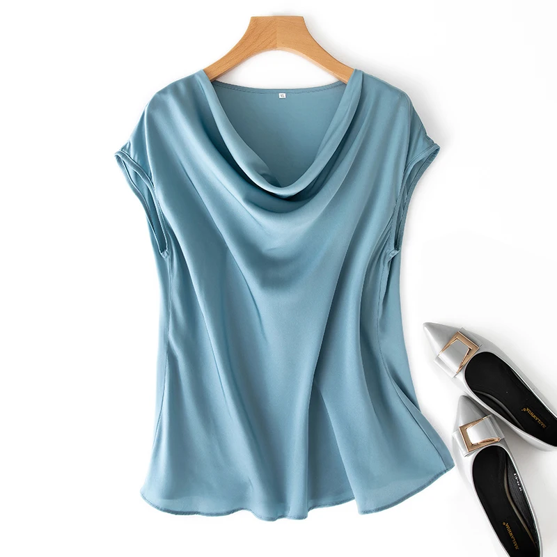 SuyaDream Women Silk Blouses Set 93%Silk 7%Spandex Solid Short Bat Sleeves Draped Collar Blouse Shirt 2022 Spring Summer Shirt