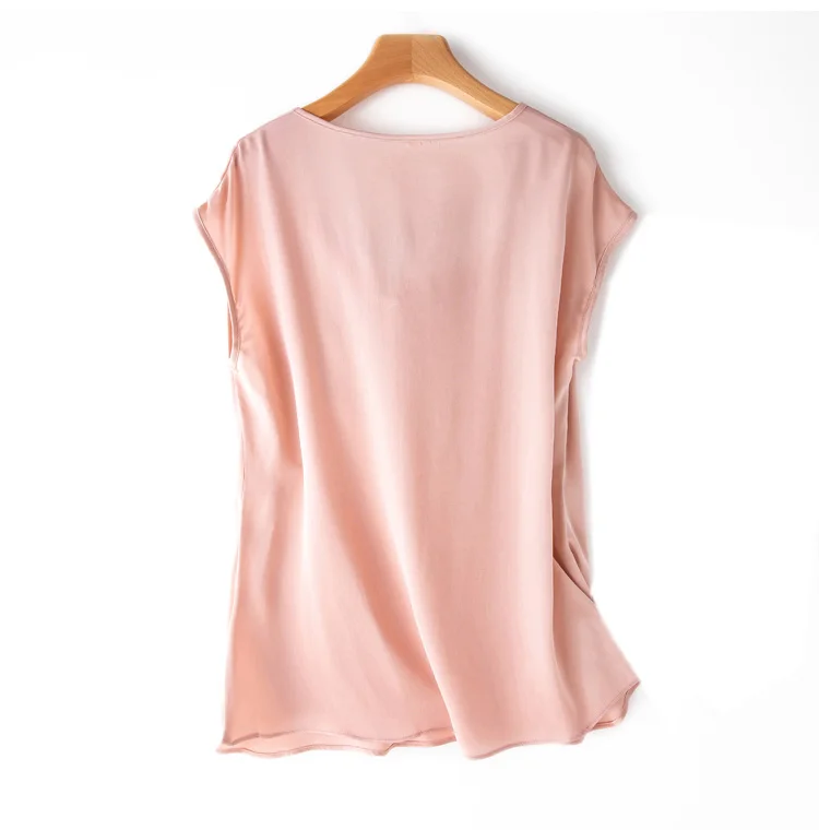 SuyaDream Women Silk Blouses Set 93%Silk 7%Spandex Solid Short Bat Sleeves Draped Collar Blouse Shirt 2022 Spring Summer Shirt
