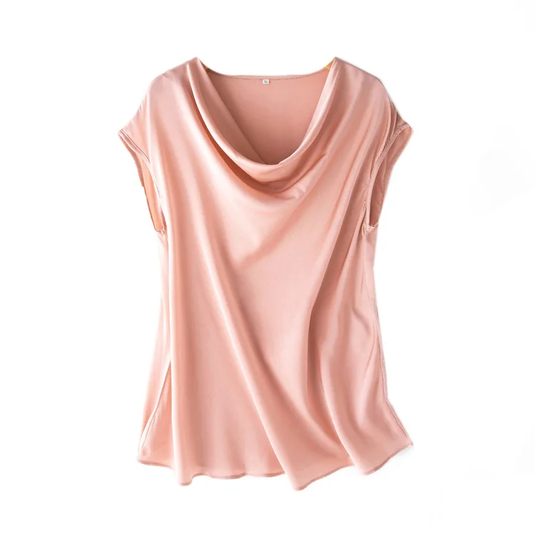 SuyaDream Women Silk Blouses Set 93%Silk 7%Spandex Solid Short Bat Sleeves Draped Collar Blouse Shirt 2022 Spring Summer Shirt