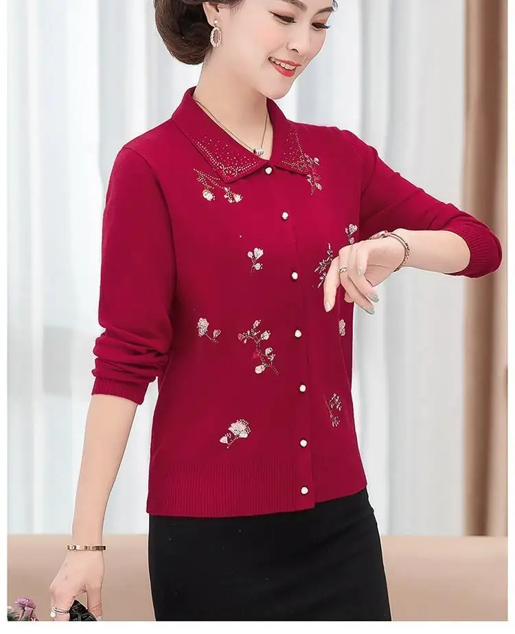 Women's Sweater Cardigan Spring and Autumn Embroidered Diamond Plus Size Korean Jacket Knit Cardigan Long Sleeve Coat Thin Top