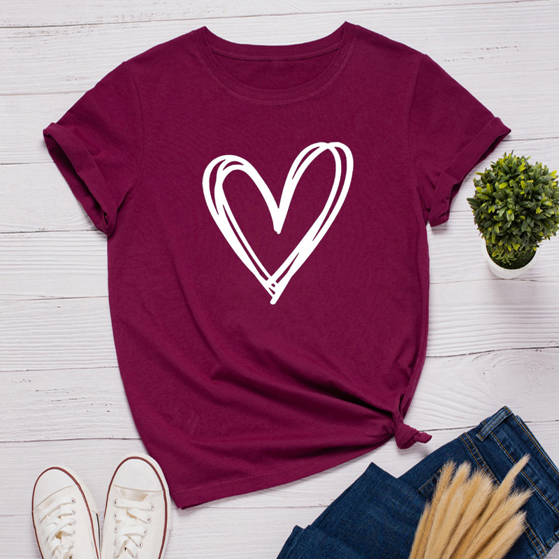 Line Heart Print Women T Shirt Short Sleeve O Neck Loose Women Tshirt Ladies Tee Shirt Tops Clothes Camisetas Mujer
