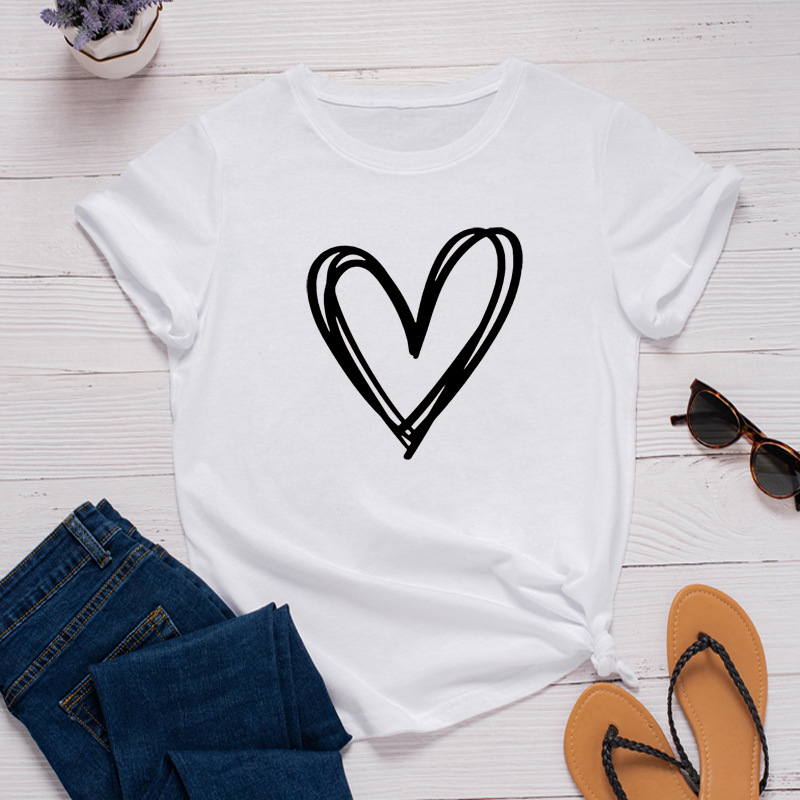Line Heart Print Women T Shirt Short Sleeve O Neck Loose Women Tshirt Ladies Tee Shirt Tops Clothes Camisetas Mujer