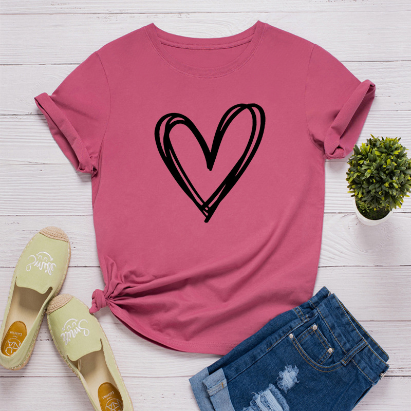 Line Heart Print Women T Shirt Short Sleeve O Neck Loose Women Tshirt Ladies Tee Shirt Tops Clothes Camisetas Mujer